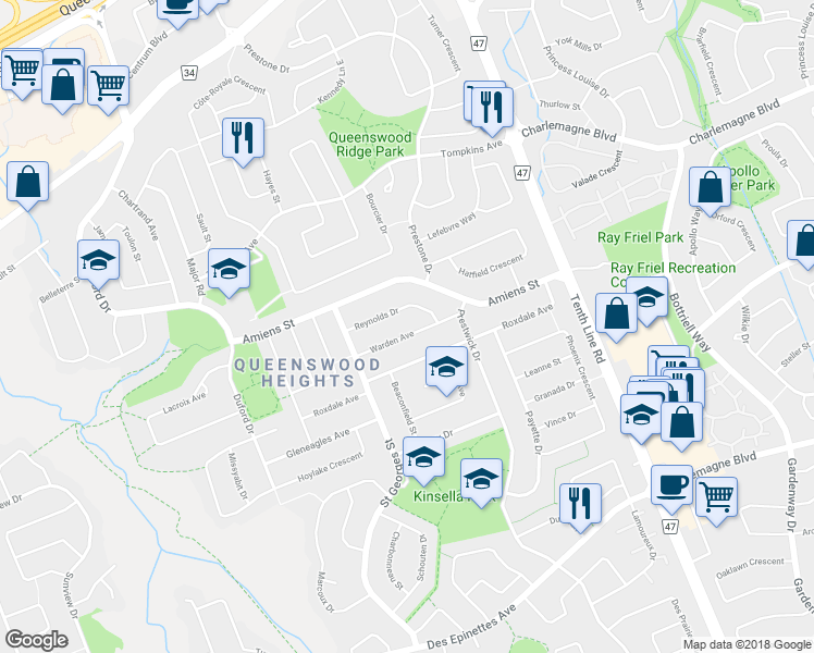 map of restaurants, bars, coffee shops, grocery stores, and more near 342 Reynolds Drive in Ottawa