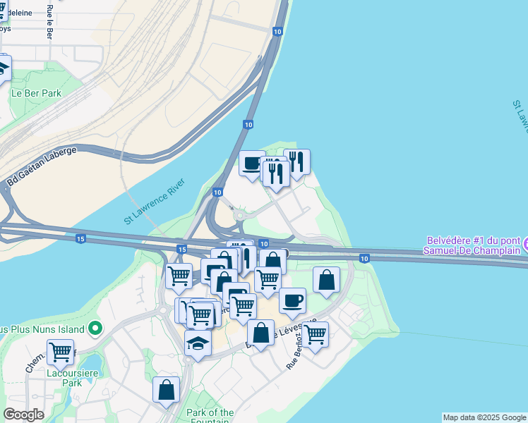 map of restaurants, bars, coffee shops, grocery stores, and more near 112 Chemin de la Pointe Nord in Montreal