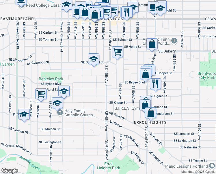 map of restaurants, bars, coffee shops, grocery stores, and more near 7005 Southeast 45th Avenue in Portland