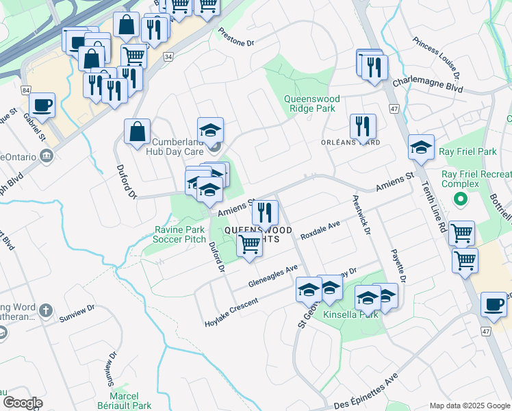 map of restaurants, bars, coffee shops, grocery stores, and more near 302 Amiens Street in Ottawa