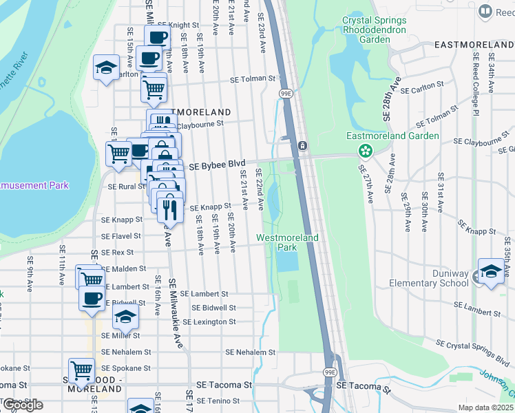 map of restaurants, bars, coffee shops, grocery stores, and more near 7305 Southeast 22nd Avenue in Portland