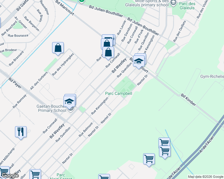 map of restaurants, bars, coffee shops, grocery stores, and more near 6895 Avenue Spriggs in Longueuil