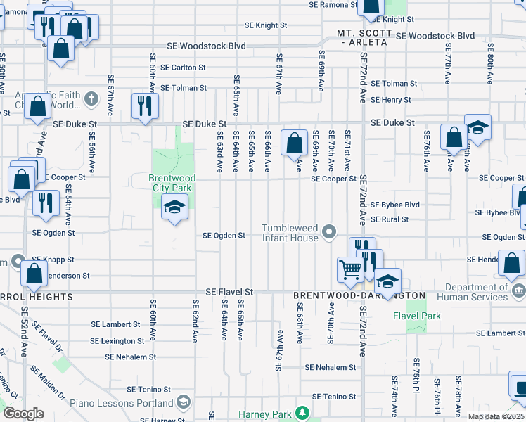 map of restaurants, bars, coffee shops, grocery stores, and more near 6924 Southeast 66th Avenue in Portland