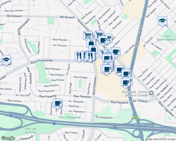 map of restaurants, bars, coffee shops, grocery stores, and more near 1470 Rue Palerme in Brossard