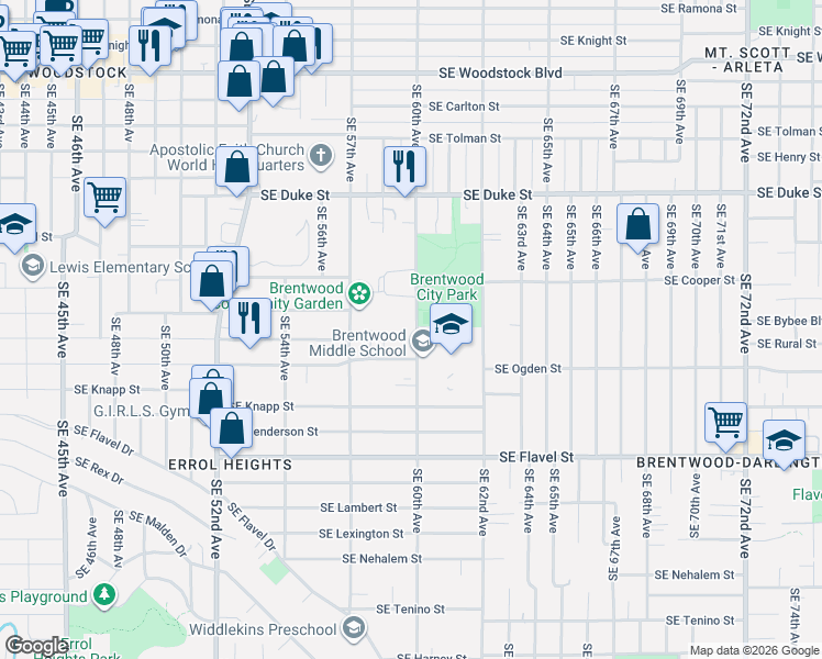 map of restaurants, bars, coffee shops, grocery stores, and more near 7033 Southeast 60th Avenue in Portland