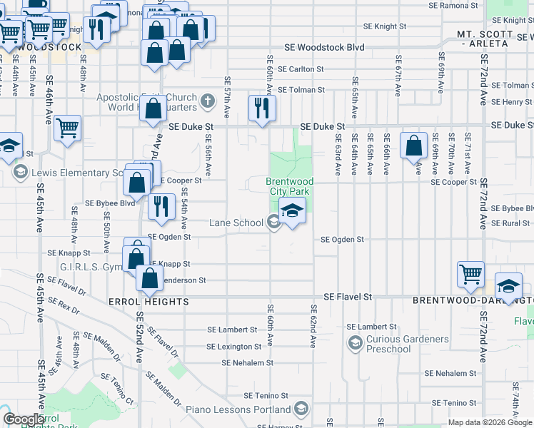 map of restaurants, bars, coffee shops, grocery stores, and more near 7033 Southeast 60th Avenue in Portland