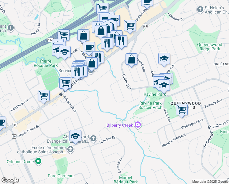 map of restaurants, bars, coffee shops, grocery stores, and more near 1558 Bonneville Crescent in Ottawa