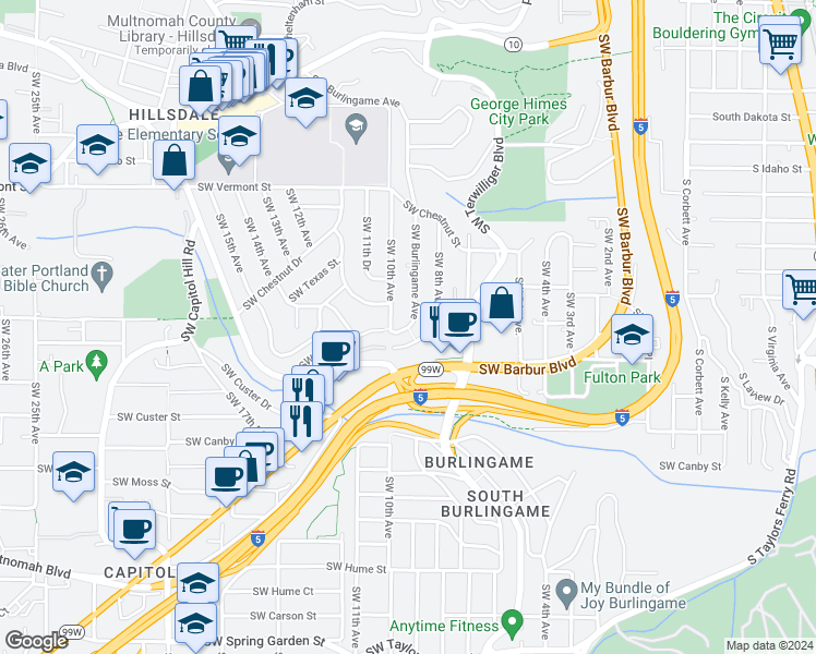 map of restaurants, bars, coffee shops, grocery stores, and more near Southwest Burlingame Avenue in Portland