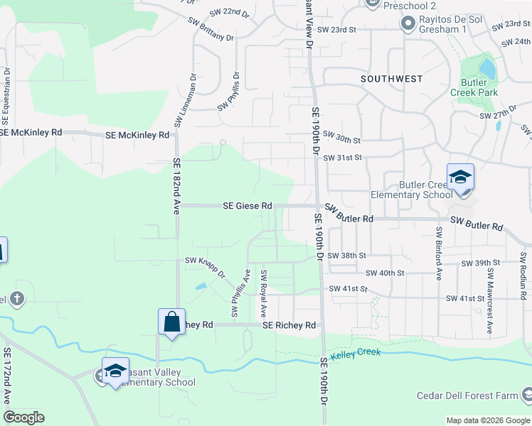 map of restaurants, bars, coffee shops, grocery stores, and more near 3444 Southwest Royal Avenue in Gresham