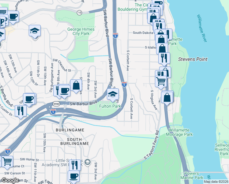 map of restaurants, bars, coffee shops, grocery stores, and more near 7211 Southwest Brier Place in Portland