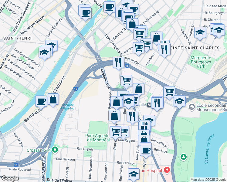 map of restaurants, bars, coffee shops, grocery stores, and more near 640 Boulevard Henri-Duhamel in Montreal