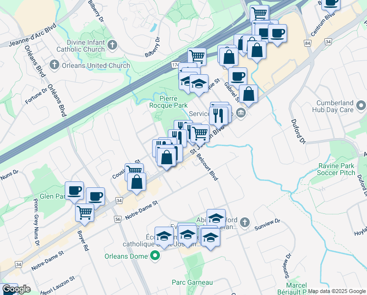map of restaurants, bars, coffee shops, grocery stores, and more near 2701 Saint Joseph Boulevard in Ottawa