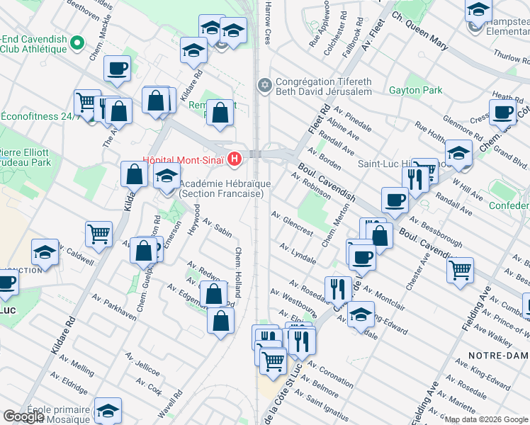 map of restaurants, bars, coffee shops, grocery stores, and more near 6711 Chemin Baily in Côte Saint-Luc