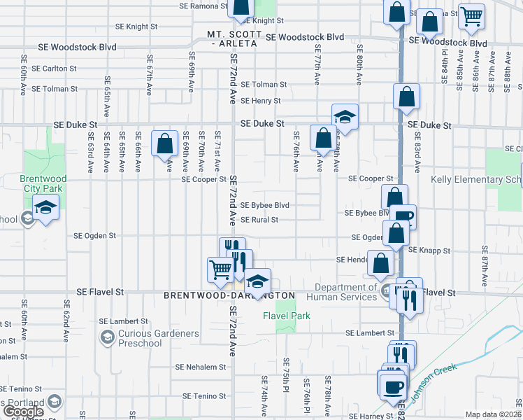 map of restaurants, bars, coffee shops, grocery stores, and more near 7336 Southeast Bybee Boulevard in Portland