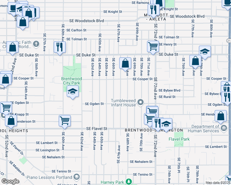 map of restaurants, bars, coffee shops, grocery stores, and more near 6924 Southeast 66th Avenue in Portland
