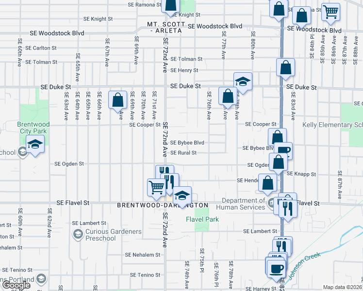 map of restaurants, bars, coffee shops, grocery stores, and more near 7332 Southeast Bybee Boulevard in Portland