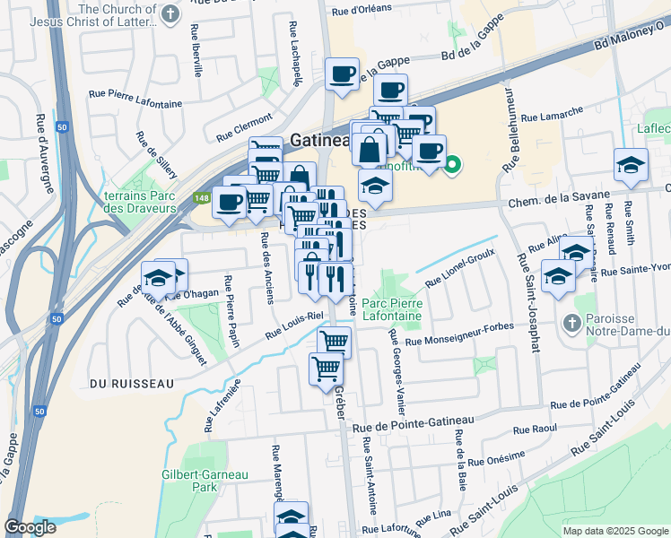 map of restaurants, bars, coffee shops, grocery stores, and more near 187 Boulevard Gréber in Gatineau