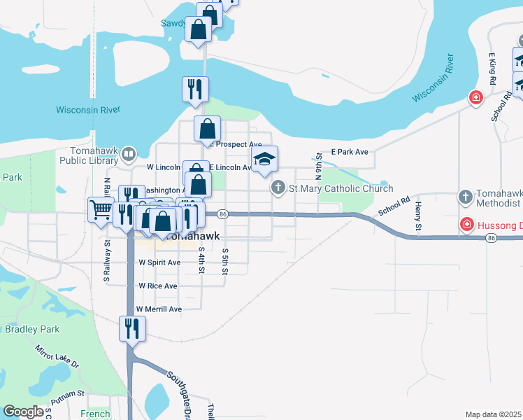 map of restaurants, bars, coffee shops, grocery stores, and more near 217 East Somo Avenue in Tomahawk
