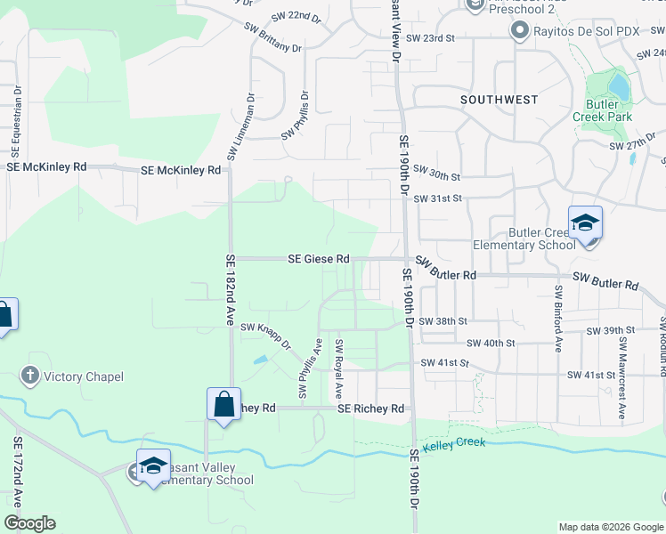 map of restaurants, bars, coffee shops, grocery stores, and more near 18711 Southeast Giese Road in Gresham
