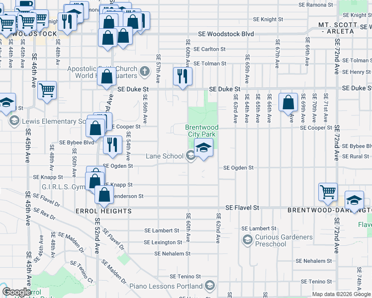 map of restaurants, bars, coffee shops, grocery stores, and more near 7033 Southeast 60th Avenue in Portland
