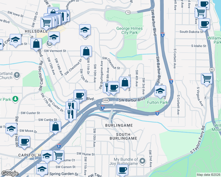 map of restaurants, bars, coffee shops, grocery stores, and more near 7150 Southwest 8th Avenue in Portland