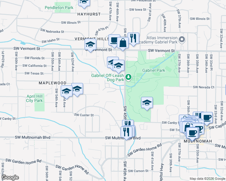 map of restaurants, bars, coffee shops, grocery stores, and more near 4703 Southwest Caldew Street in Portland