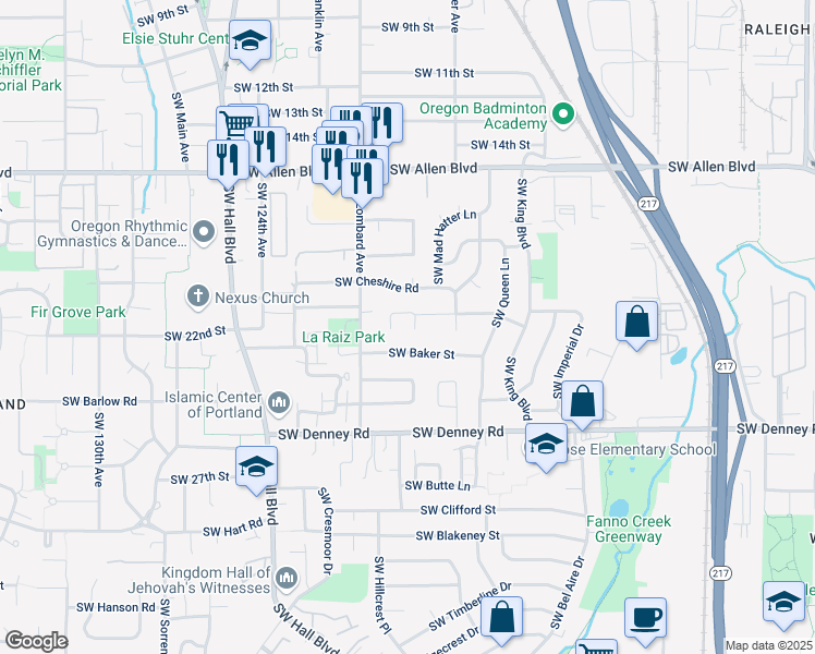 map of restaurants, bars, coffee shops, grocery stores, and more near 11820 Southwest Bruce Drive in Beaverton