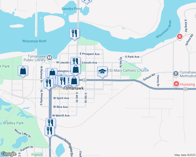 map of restaurants, bars, coffee shops, grocery stores, and more near 217 East Somo Avenue in Tomahawk