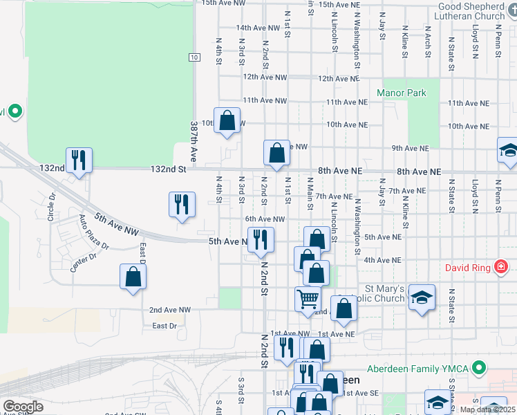 map of restaurants, bars, coffee shops, grocery stores, and more near 619 North 2nd Street in Aberdeen
