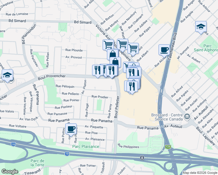 map of restaurants, bars, coffee shops, grocery stores, and more near 1470 Rue Palerme in Brossard