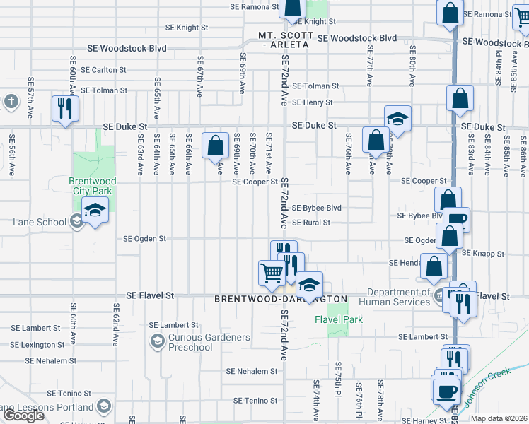 map of restaurants, bars, coffee shops, grocery stores, and more near 7001 Southeast 71st Avenue in Portland
