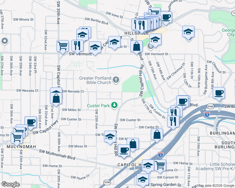 map of restaurants, bars, coffee shops, grocery stores, and more near 2120 Southwest Nevada Court in Portland