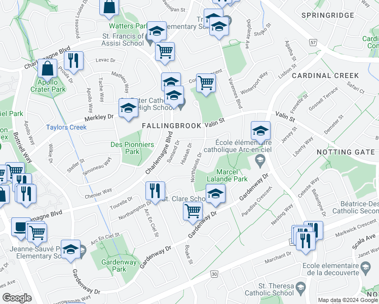 map of restaurants, bars, coffee shops, grocery stores, and more near 1821 Hialeah Drive in Ottawa