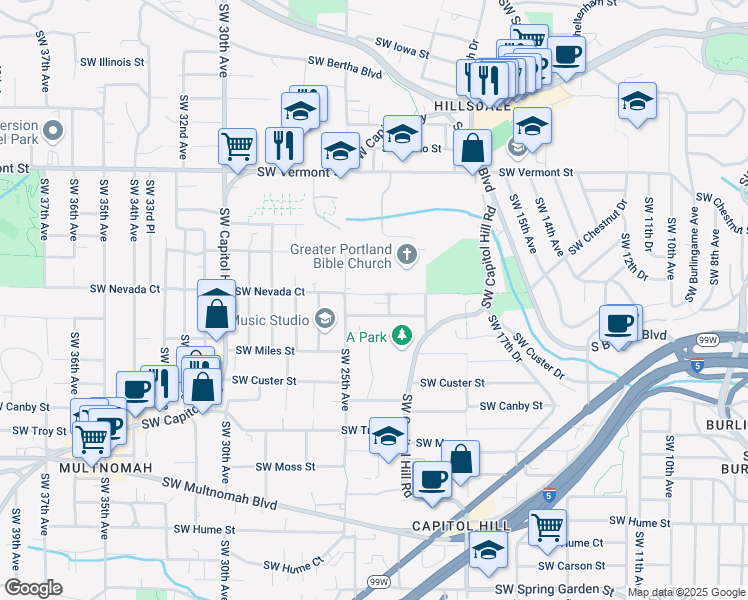 map of restaurants, bars, coffee shops, grocery stores, and more near 7227 Southwest 23rd Avenue in Portland