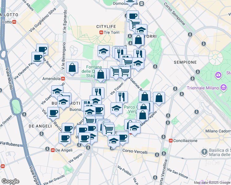 map of restaurants, bars, coffee shops, grocery stores, and more near 22-32 Via Tiziano in Milan