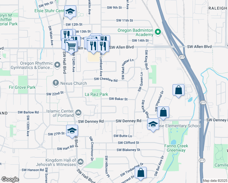 map of restaurants, bars, coffee shops, grocery stores, and more near 11820 Southwest Bruce Drive in Beaverton