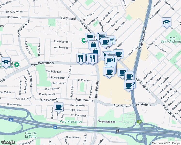 map of restaurants, bars, coffee shops, grocery stores, and more near 1470 Rue Palerme in Brossard