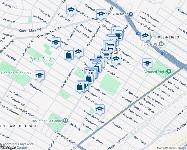 map of restaurants, bars, coffee shops, grocery stores, and more near 5887 Monkland Avenue in Montreal