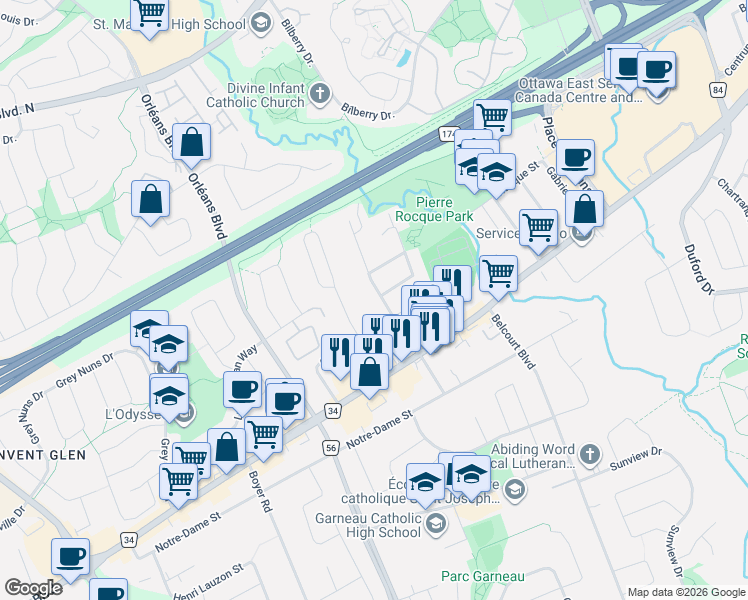map of restaurants, bars, coffee shops, grocery stores, and more near 1290 Saint Jean Street in Ottawa