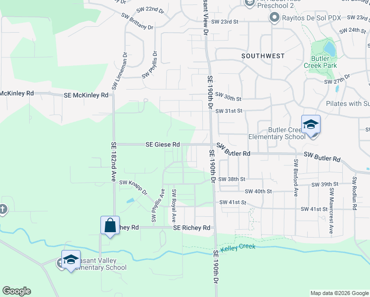 map of restaurants, bars, coffee shops, grocery stores, and more near 18857 Southeast Giese Road in Gresham