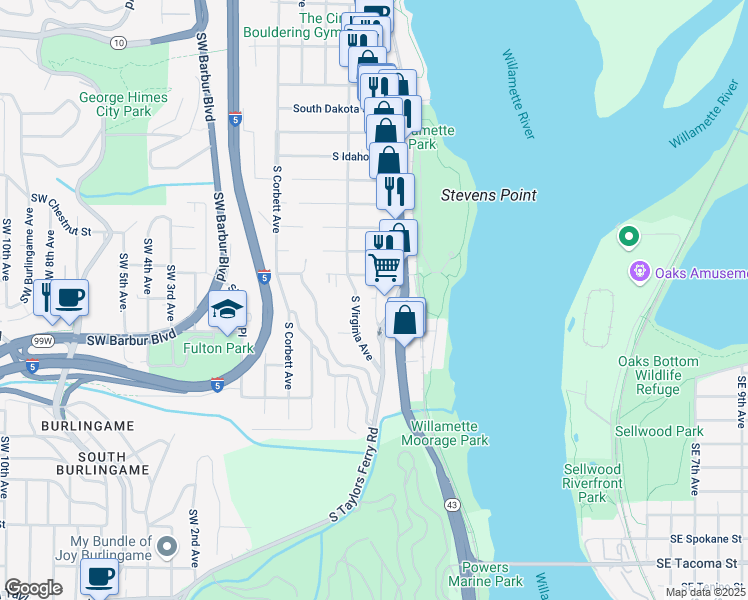 map of restaurants, bars, coffee shops, grocery stores, and more near 606 South Nevada Street in Portland