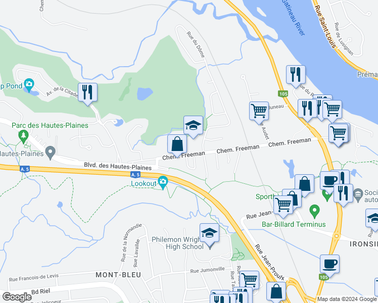 map of restaurants, bars, coffee shops, grocery stores, and more near 276 Chemin Freeman in Gatineau
