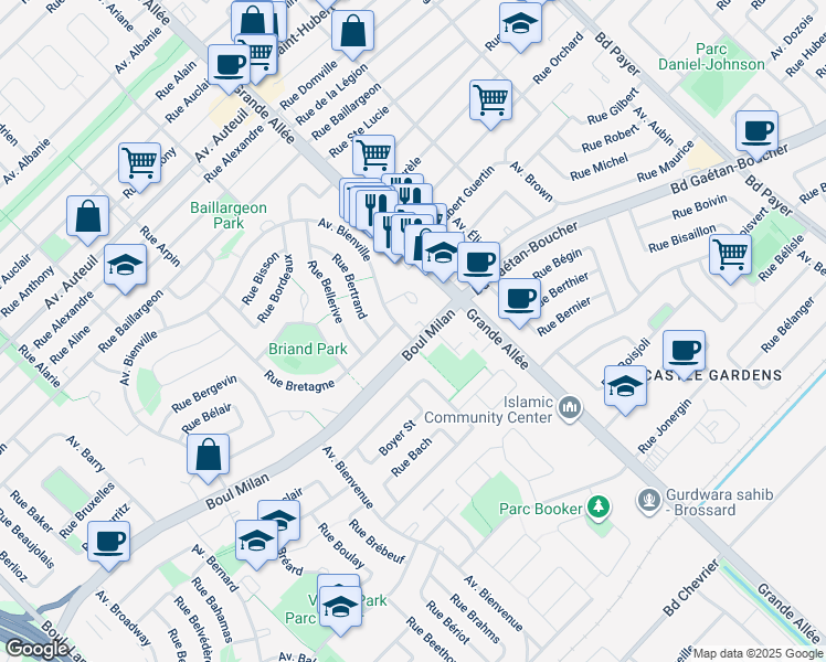 map of restaurants, bars, coffee shops, grocery stores, and more near 5430 Boulevard Milan in Brossard