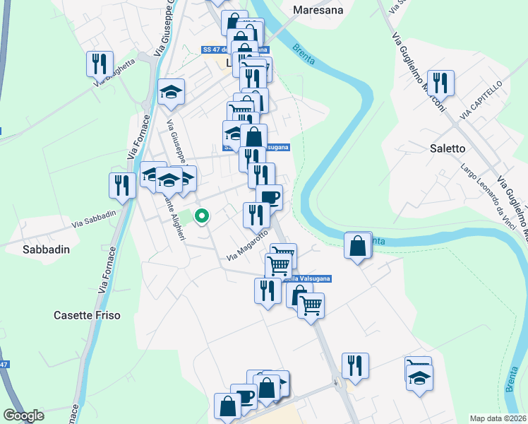 map of restaurants, bars, coffee shops, grocery stores, and more near 76 Via del Santo in Limena