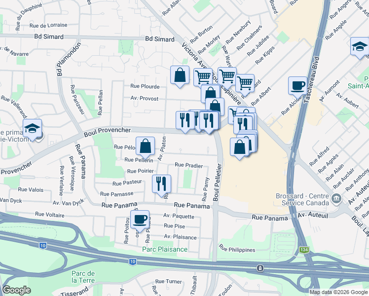 map of restaurants, bars, coffee shops, grocery stores, and more near 1390 Rue Palerme in Brossard