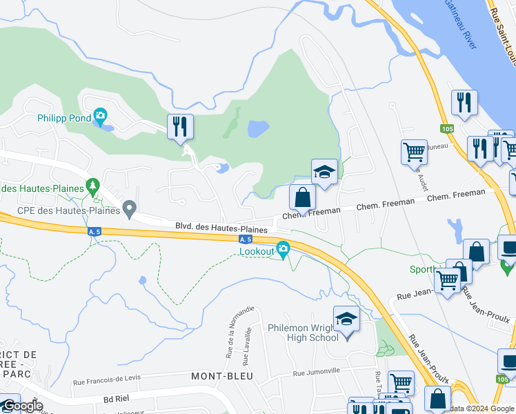 map of restaurants, bars, coffee shops, grocery stores, and more near 336 Chemin Freeman in Gatineau