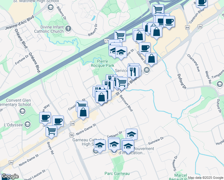 map of restaurants, bars, coffee shops, grocery stores, and more near 2701 Saint Joseph Boulevard in Ottawa