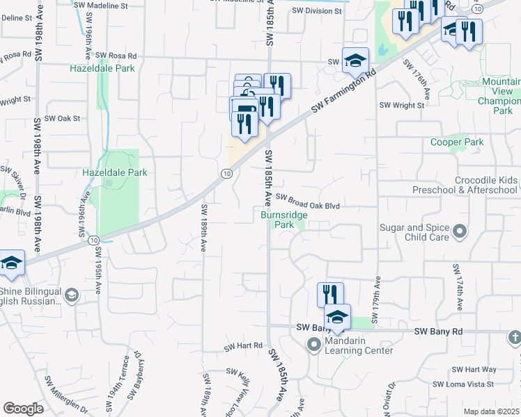 map of restaurants, bars, coffee shops, grocery stores, and more near 18528 Southwest Mcclarey Drive in Beaverton