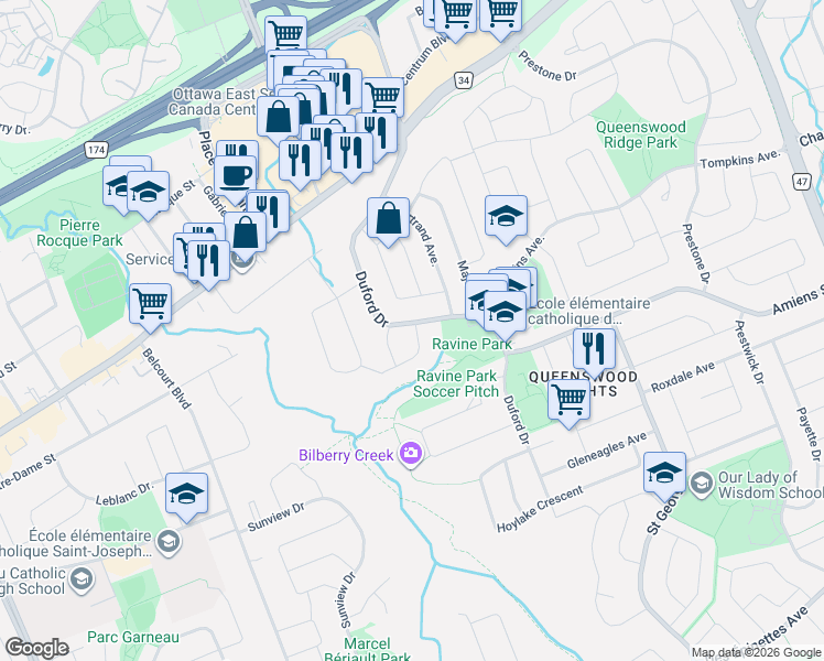 map of restaurants, bars, coffee shops, grocery stores, and more near 221 Fraser Park in Ottawa
