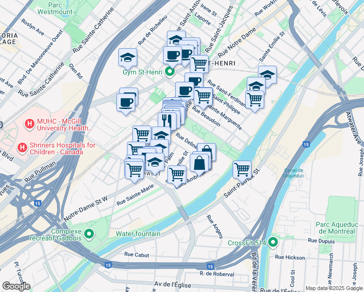 map of restaurants, bars, coffee shops, grocery stores, and more near 289 Rue de Courcelle in Montréal
